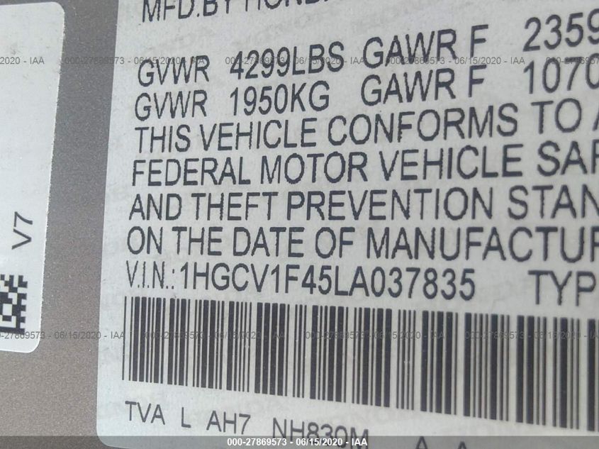 2020 HONDA ACCORD SEDAN EX 1.5T 1HGCV1F45LA037835