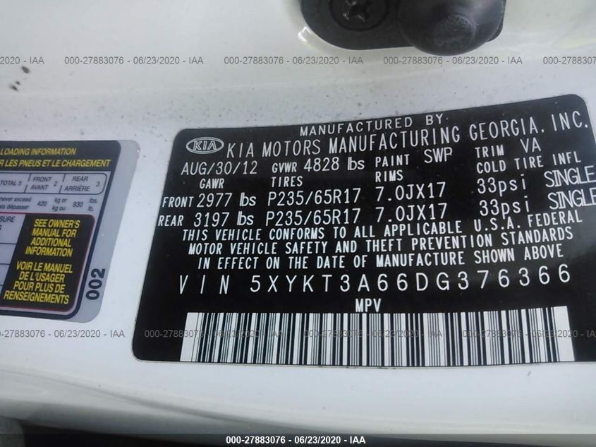 2013 KIA SORENTO LX 5XYKT3A66DG376366