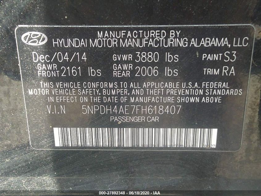 2015 HYUNDAI ELANTRA SE 5NPDH4AE7FH618407
