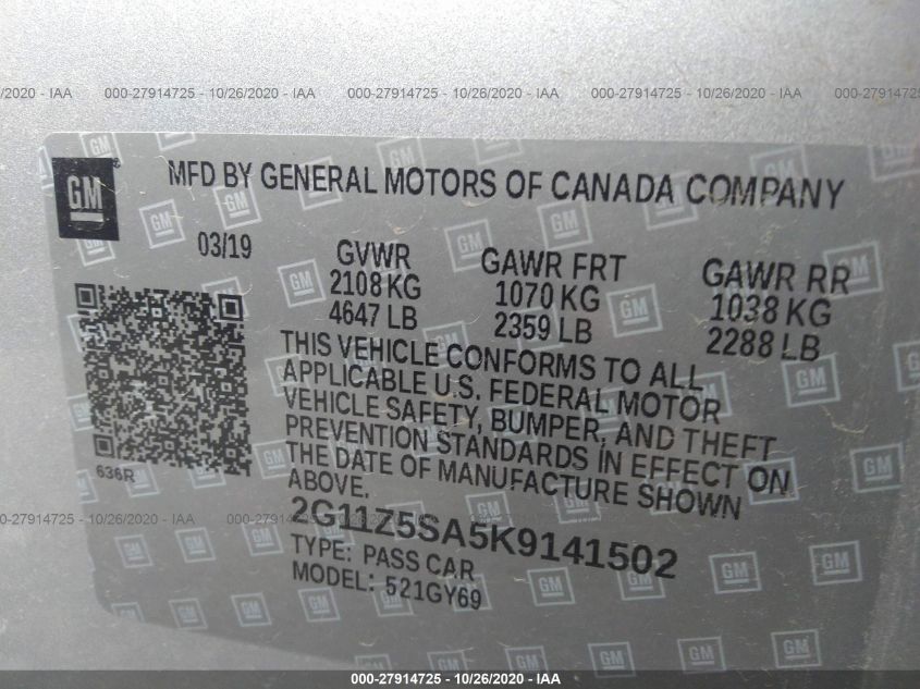 2019 CHEVROLET IMPALA LT 2G11Z5SA5K9141502
