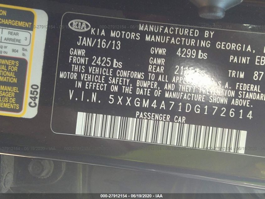 2013 KIA OPTIMA LX 5XXGM4A71DG172614