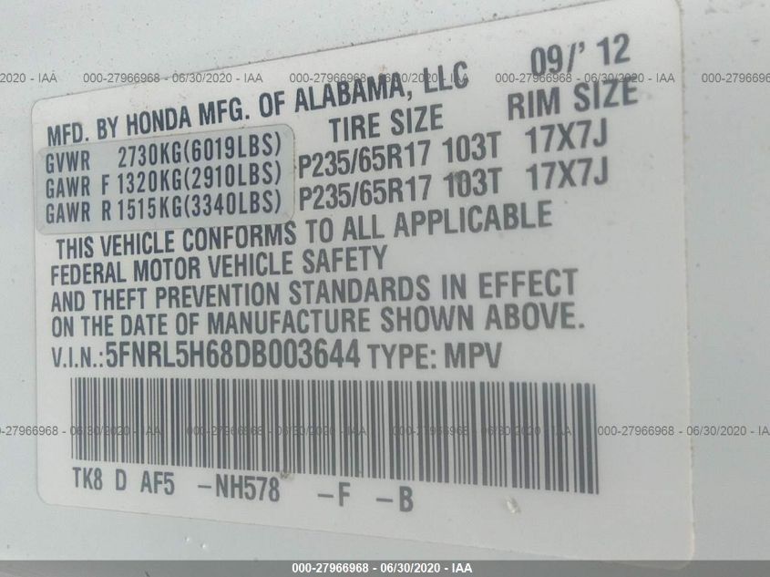 2013 HONDA ODYSSEY EX-L 5FNRL5H68DB003644