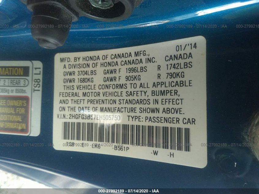 2014 HONDA CIVIC COUPE LX 2HGFG3B57EH505750
