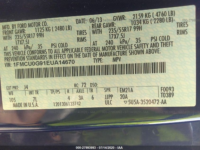 2014 FORD ESCAPE SE 1FMCU0G91EUA14670