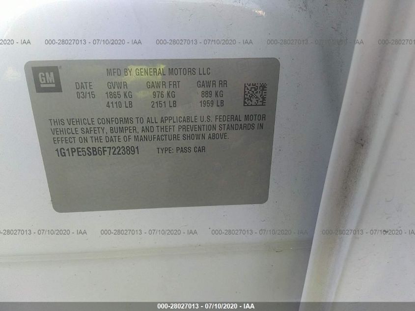 2015 CHEVROLET CRUZE LT 1G1PE5SB6F7223891