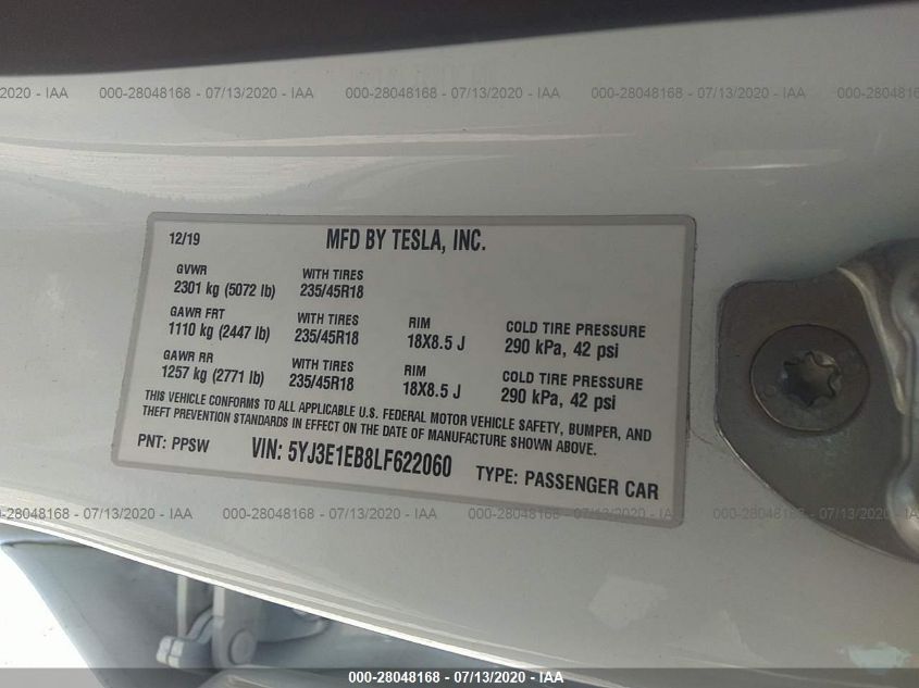 2020 TESLA MODEL 3 LONG RANGE 5YJ3E1EB8LF622060