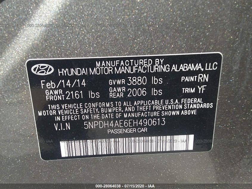 2014 HYUNDAI ELANTRA SE/SPORT/LIMITED 5NPDH4AE6EH490613