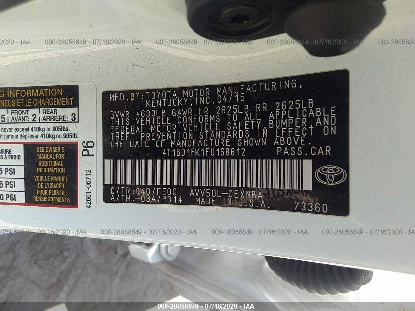 2015 TOYOTA CAMRY HYBRID HYBRID/LE/XLE/SE 4T1BD1FK1FU168612