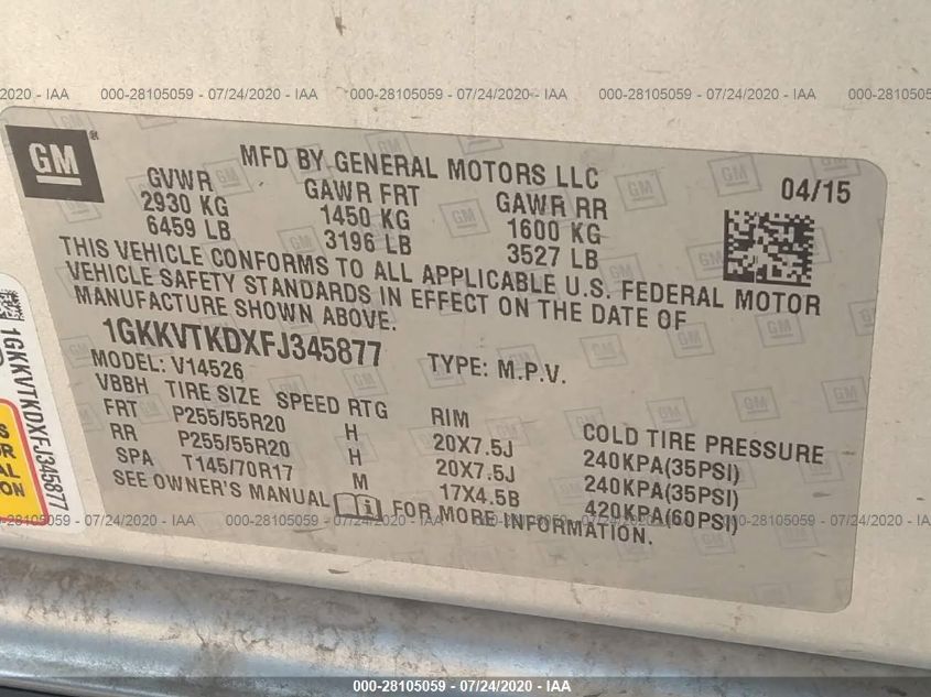 2015 GMC ACADIA DENALI 1GKKVTKDXFJ345877