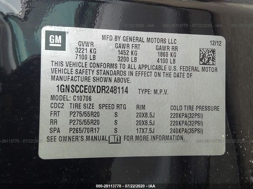 2013 CHEVROLET TAHOE LTZ 1GNSCCE0XDR248114