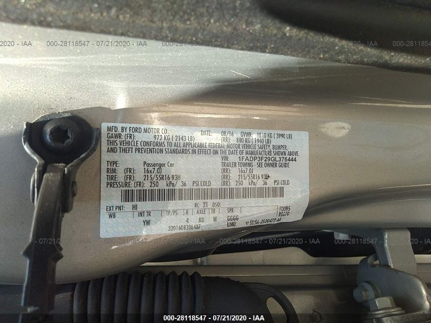 2016 FORD FOCUS SE 1FADP3F29GL376444