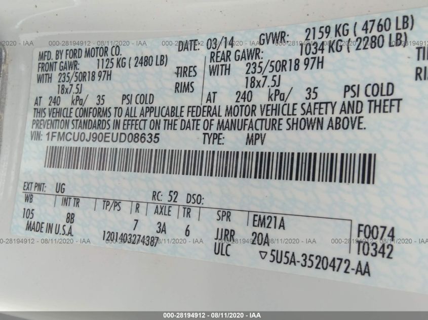 2014 FORD ESCAPE TITANIUM 1FMCU0J90EUD08635