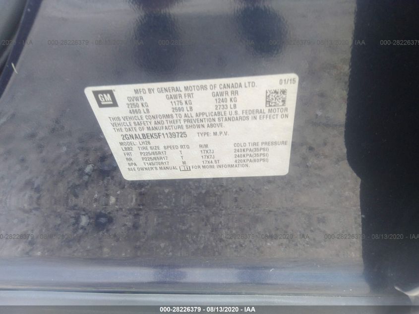 2015 CHEVROLET EQUINOX LT 2GNALBEK5F1139725