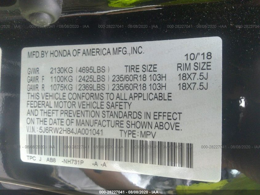 2018 HONDA CR-V EX-L 5J6RW2H84JA001041