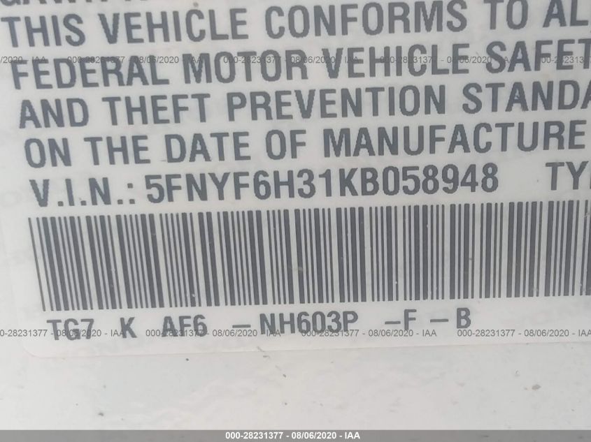 2019 HONDA PILOT EX 5FNYF6H31KB058948
