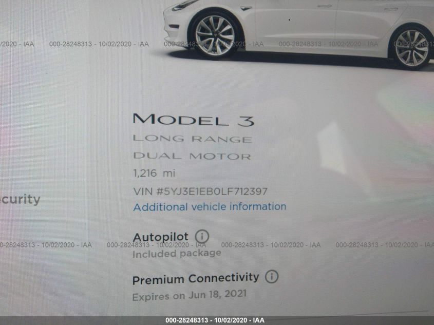 2020 TESLA MODEL 3 LONG RANGE 5YJ3E1EB0LF712397