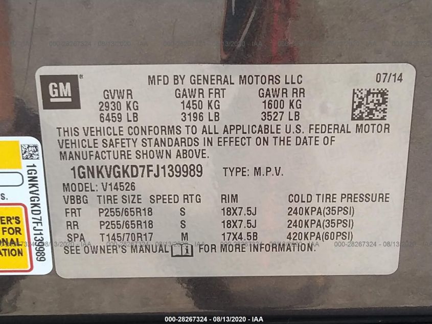 2015 CHEVROLET TRAVERSE LT 1GNKVGKD7FJ139989