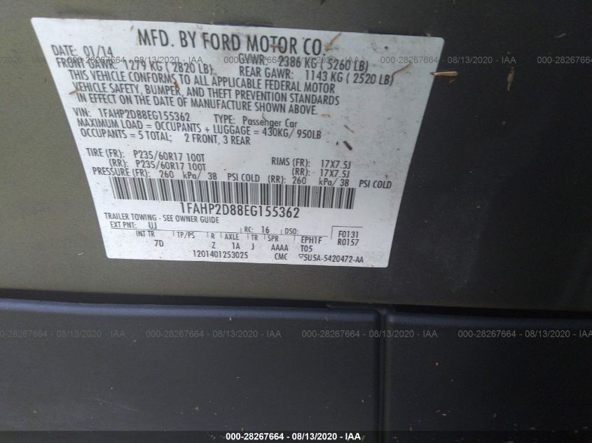 2014 FORD TAURUS SE 1FAHP2D88EG155362