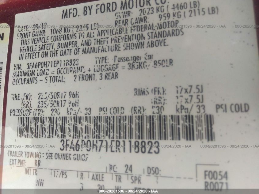 2014 FORD FUSION SE 3FA6P0H71ER118823