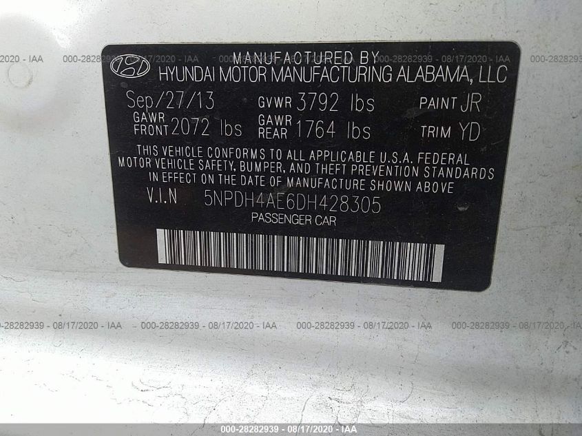 2013 HYUNDAI ELANTRA LIMITED 5NPDH4AE6DH428305