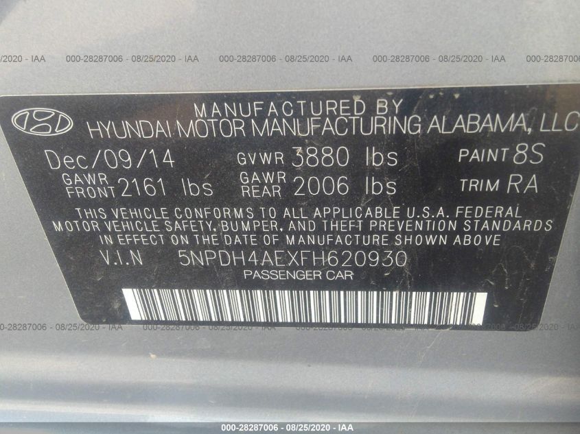 2015 HYUNDAI ELANTRA LIMITED 5NPDH4AEXFH620930