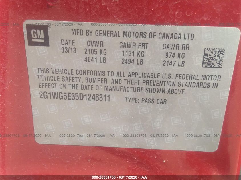 2013 CHEVROLET IMPALA LT 2G1WG5E35D1246311