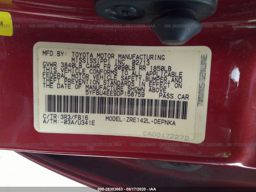 2013 TOYOTA COROLLA L/LE/S 5YFBU4EE9DP158759