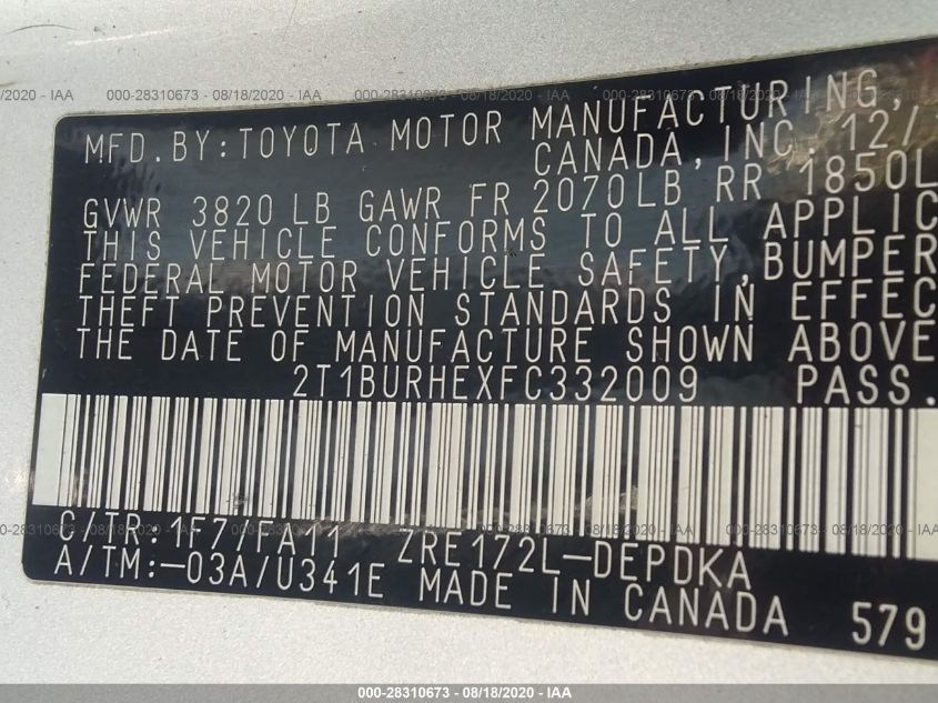 2015 TOYOTA COROLLA LE 2T1BURHEXFC332009