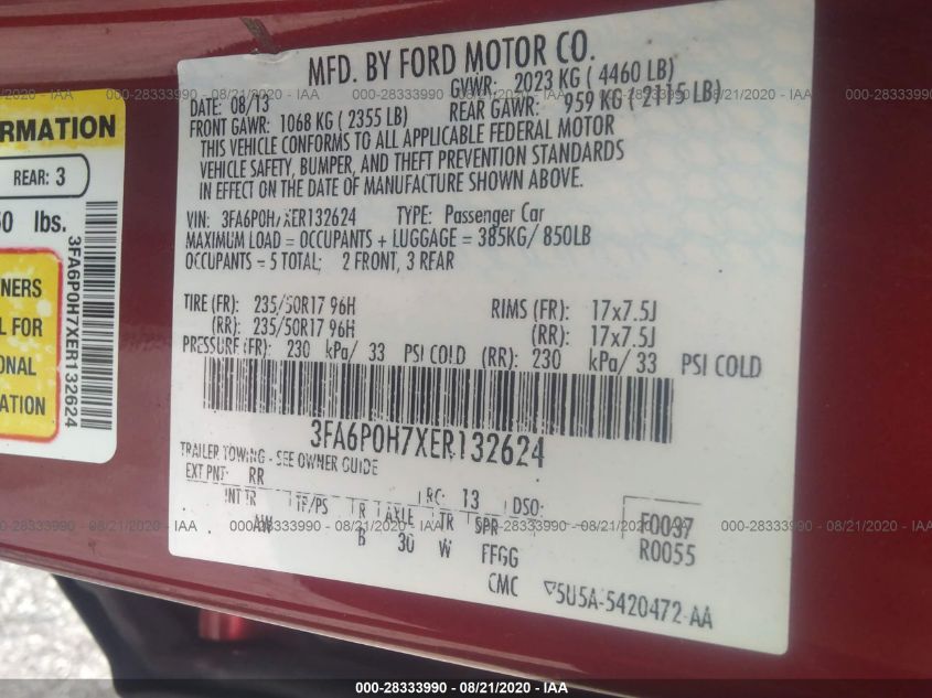 2014 FORD FUSION SE 3FA6P0H7XER132624