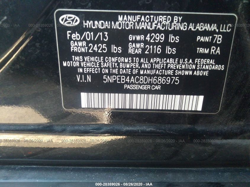 2013 HYUNDAI SONATA GLS PZEV 5NPEB4AC8DH686975