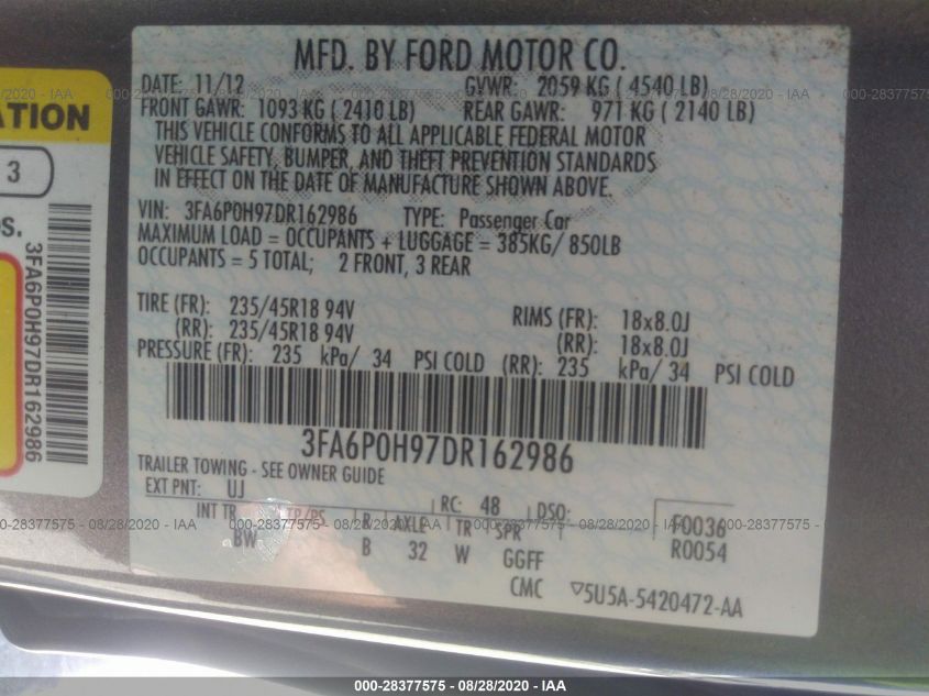 2013 FORD FUSION SE 3FA6P0H97DR162986