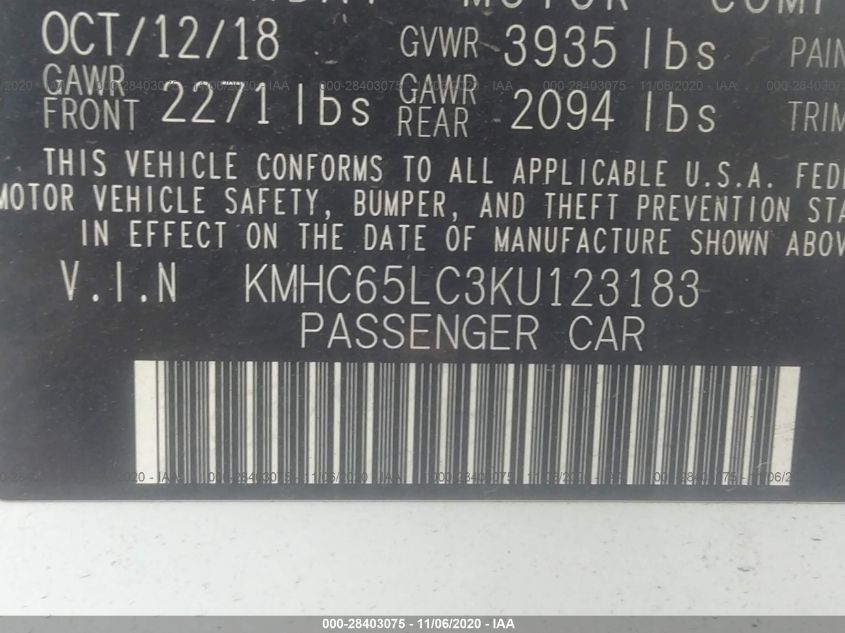 2019 HYUNDAI IONIQ HYBRID BLUE KMHC65LC3KU123183
