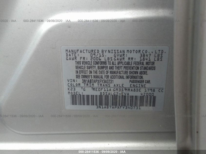 2015 NISSAN SENTRA SL 3N1AB7APXFY340731