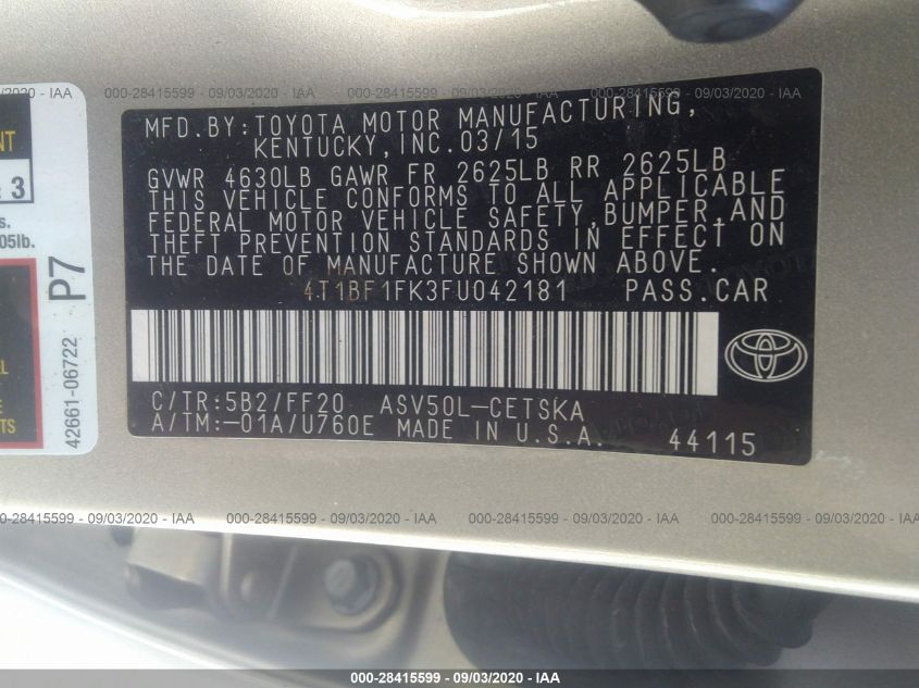 2015 TOYOTA CAMRY XLE/SE/LE/XSE 4T1BF1FK3FU042181