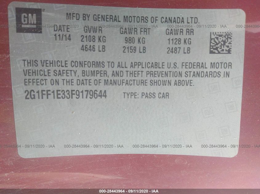 2015 CHEVROLET CAMARO LT 2G1FF1E33F9179644