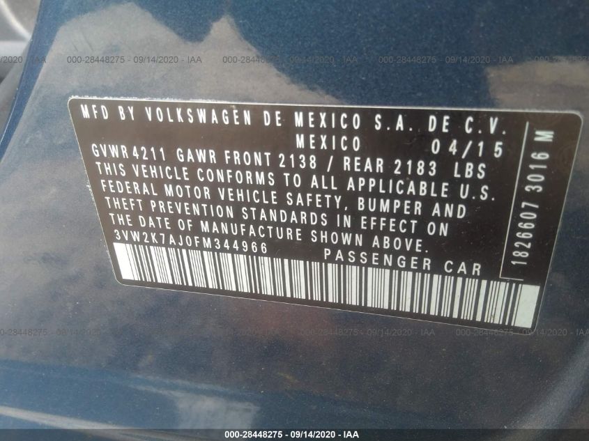 2015 VOLKSWAGEN JETTA SEDAN 2.0L S 3VW2K7AJ0FM344966