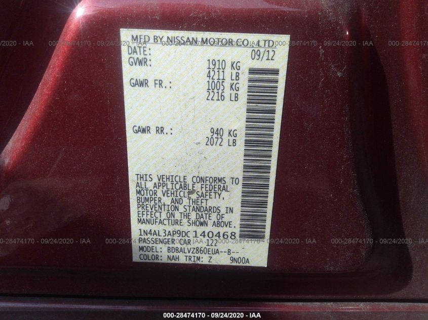 2013 NISSAN ALTIMA 2.5 SL 1N4AL3AP9DC140468