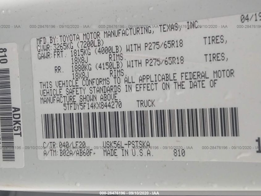 2019 TOYOTA TUNDRA 4WD SR5/LIMITED/PLATINUM 5TFDY5F14KX844270