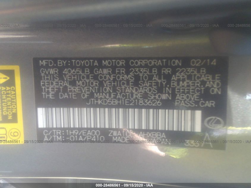 2014 LEXUS CT 200H HYBRID JTHKD5BH1E2183626