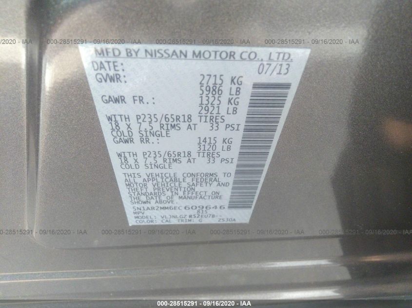 2014 NISSAN PATHFINDER SL 5N1AR2MM6EC609646