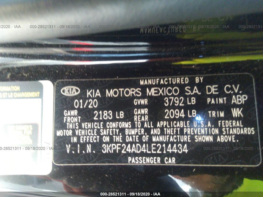 2020 KIA FORTE LXS 3KPF24AD4LE214434