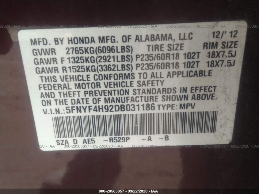 2013 HONDA PILOT TOURING 5FNYF4H92DB031186