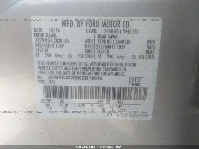 2019 FORD EDGE SE 2FMPK4G95KBB19616