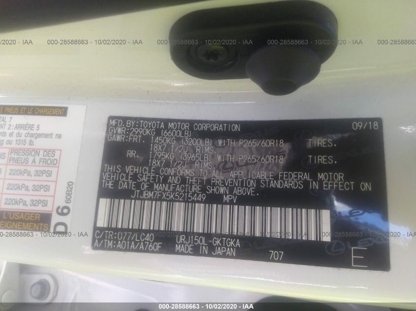 2019 LEXUS GX GX 460 JTJBM7FX5K5215449