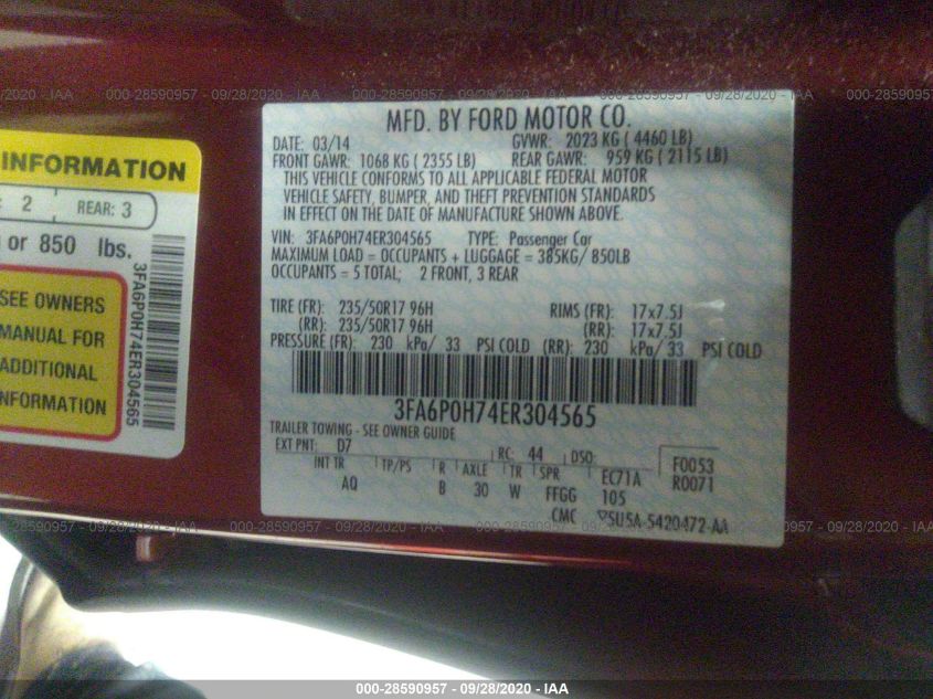 2014 FORD FUSION SE 3FA6P0H74ER304565