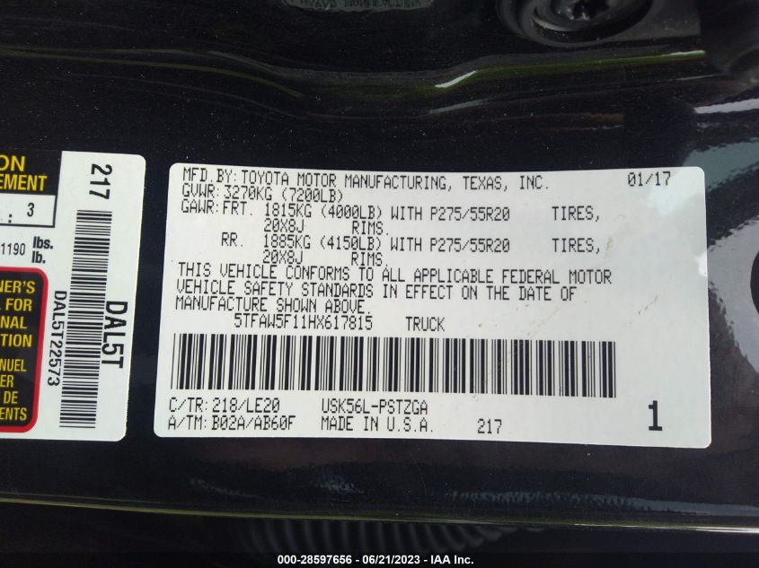 2017 TOYOTA TUNDRA 4WD PLATINUM/1794 EDITION 5TFAW5F11HX617815