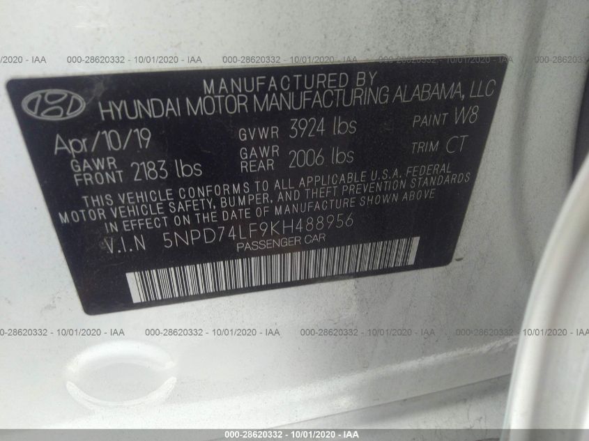 2019 HYUNDAI ELANTRA SE 5NPD74LF9KH488956