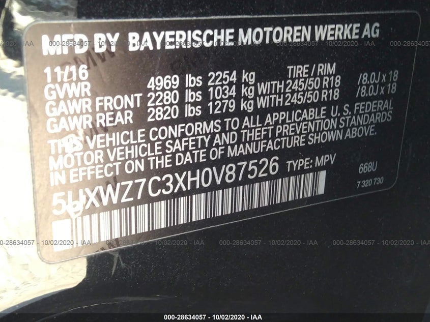 2017 BMW X3 VIN: 5UXWZ7C3XH0V87526