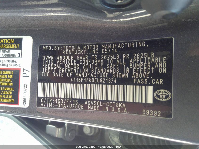 2014 TOYOTA CAMRY L/LE/XLE/SE/SE SPORT 4T1BF1FK0EU821374