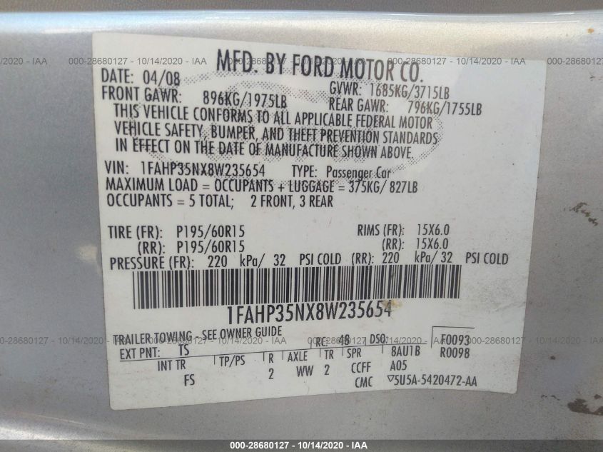 FORD FOCUS 2008 1FAHP35NX8W235654 Photo 9